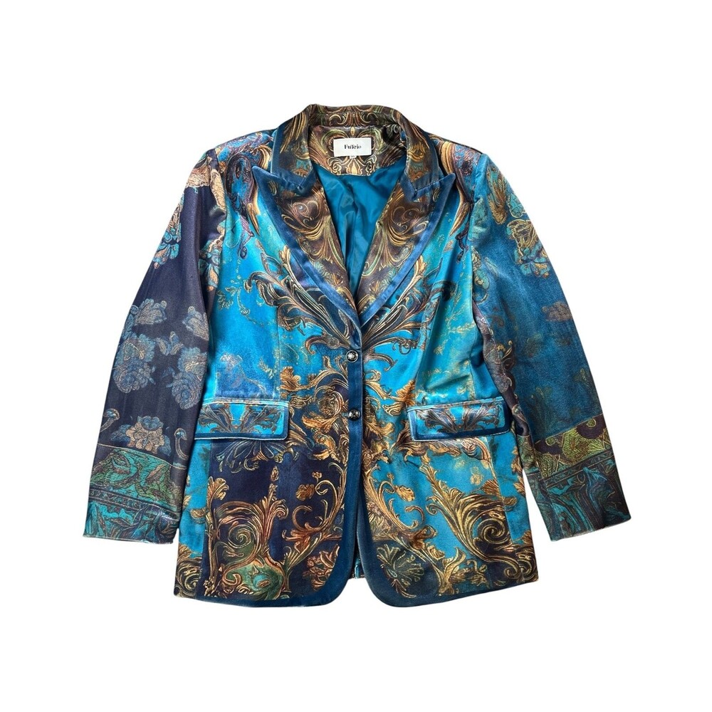 Futario Peacock Paisley Print Velvet Collar Blazer Jacket 3XL Cocktail Office